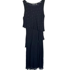 Lola P. Black Beaded Tiered Sleeveless Midi Dress L | Formal Cocktail Party Rayo